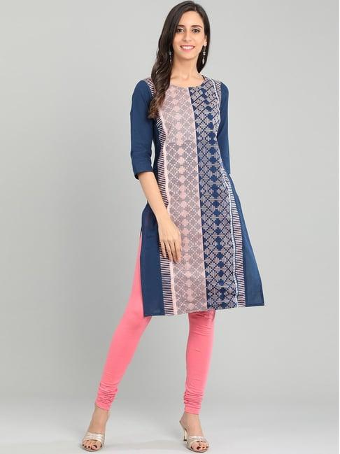 aurelia blue & peach cotton printed straight kurti