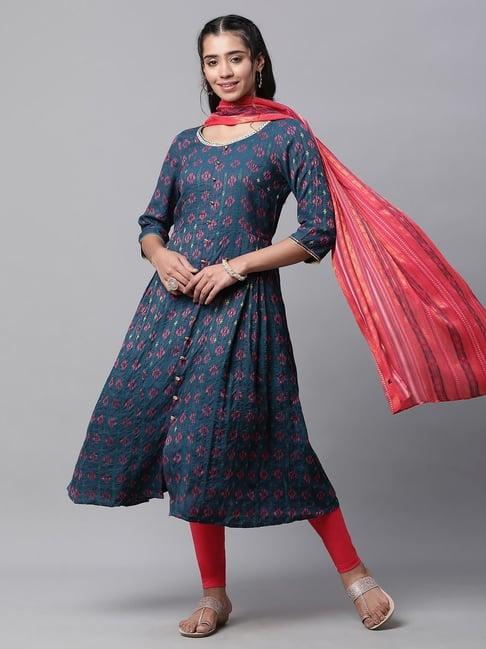 aurelia blue & pink printed kurta pant set with dupatta