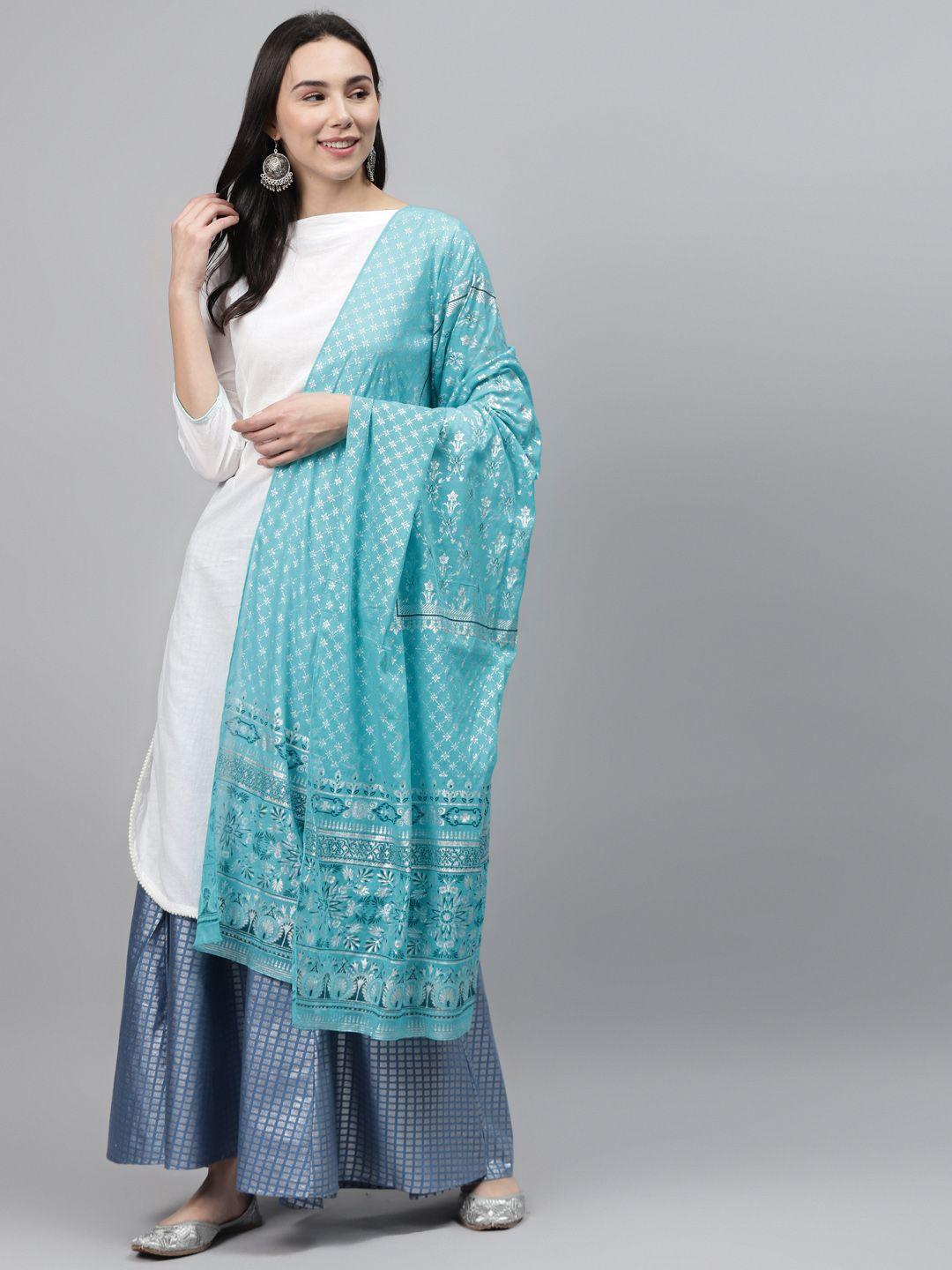 aurelia blue & silver printed pure cotton dupatta