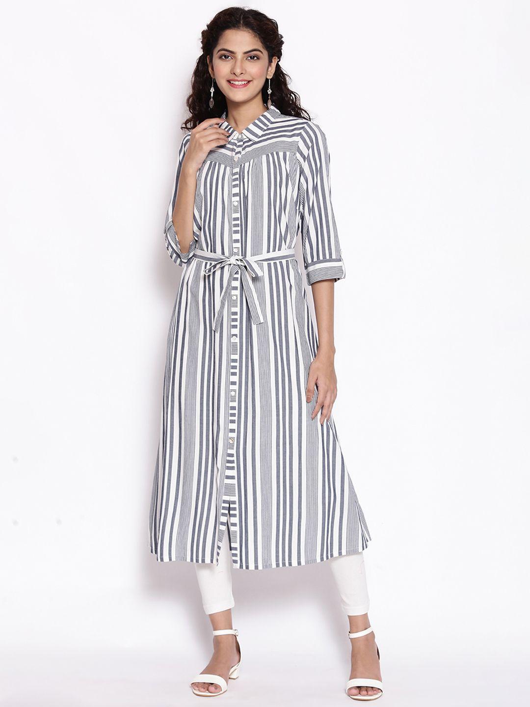 aurelia blue & white striped shirt midi dress with waist tie up