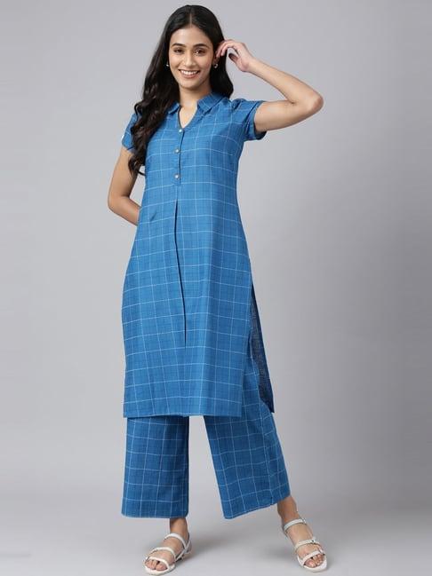 aurelia blue cotton chequered straight kurta