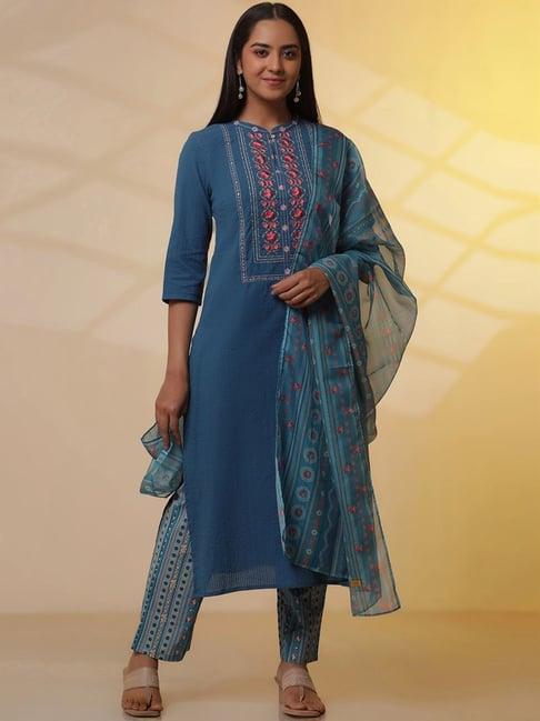 aurelia blue cotton embroidered kurta palazzo set with dupatta