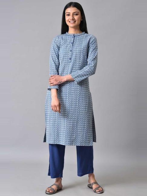 aurelia blue cotton embroidered kurta pant set