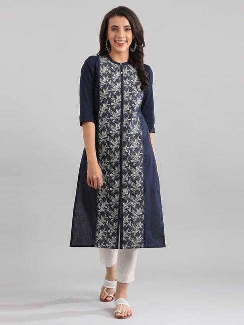 aurelia blue cotton floral print a line kurta