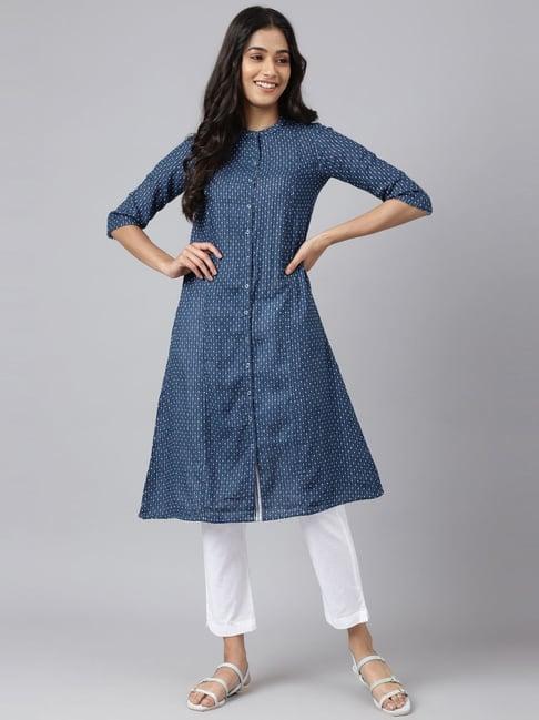 aurelia blue cotton polka dots straight kurta