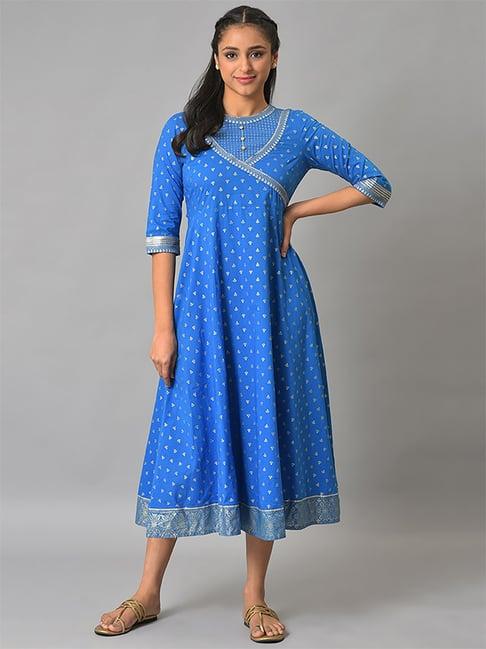 aurelia blue cotton printed a-line dress