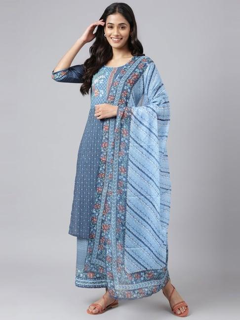 aurelia blue cotton printed kurta palazzo set with dupatta