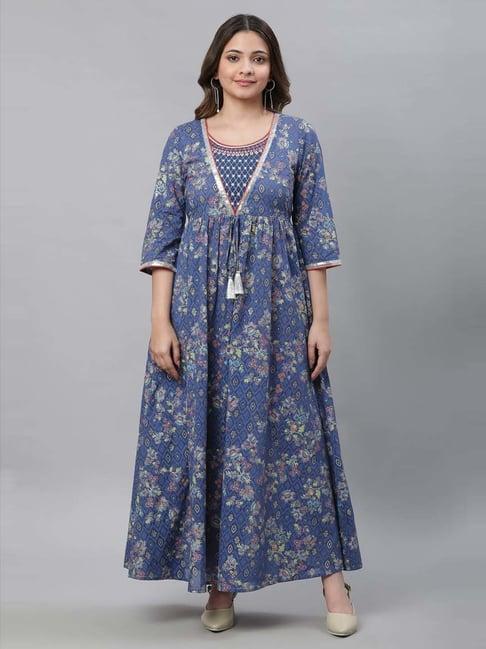 aurelia blue cotton printed maxi dress