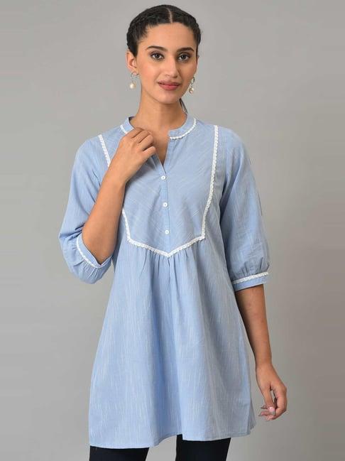 aurelia blue cotton striped a line short kurti