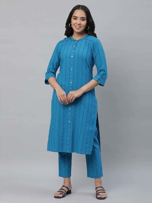 aurelia blue cotton striped kurta pant set