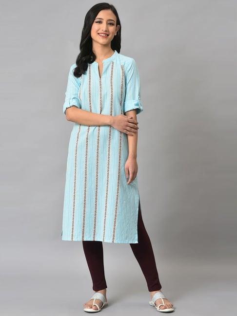 aurelia blue cotton striped straight kurta