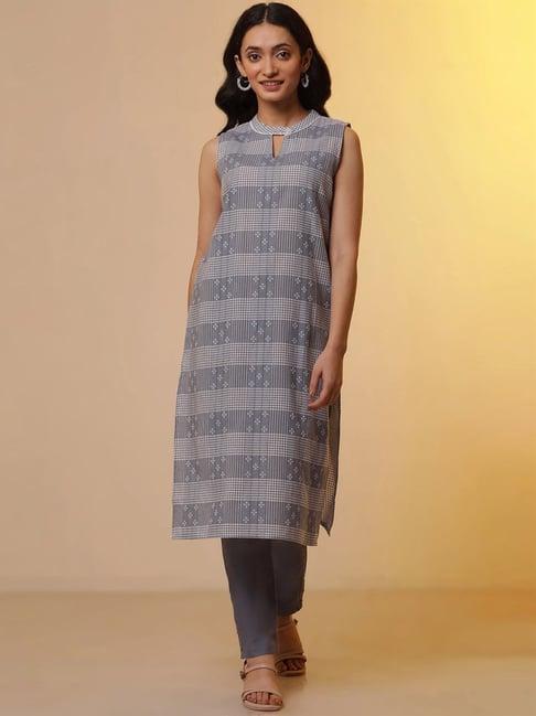 aurelia blue cotton woven pattern kurta pant set