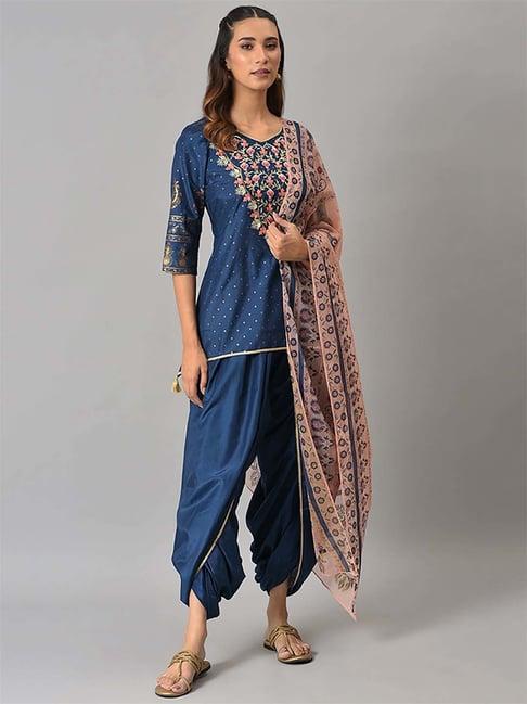 aurelia blue embroidered kurti dhoti pant set with dupatta