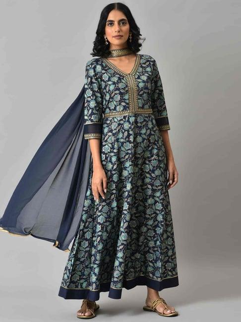 aurelia blue floral print maxi dress with dupatta