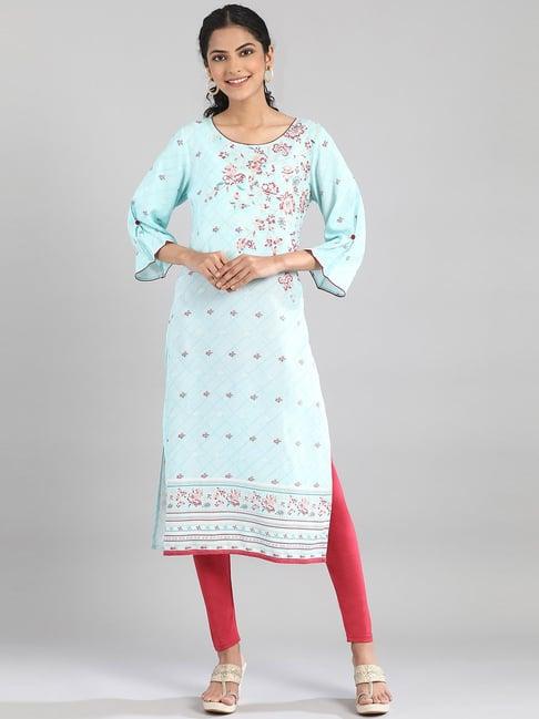 aurelia blue floral print straight kurta