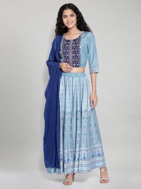 aurelia blue printed crop top & skirt with dupatta