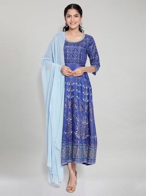 aurelia blue printed dress with dupatta