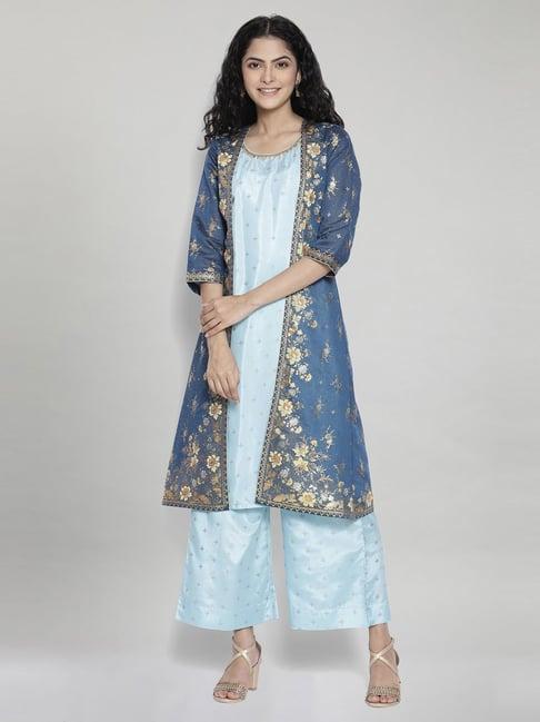 aurelia blue printed kurta palazzo set with shrug