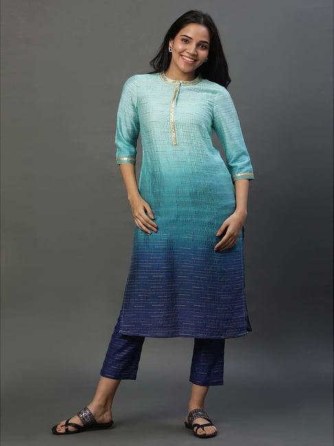 aurelia blue striped kurta pant set