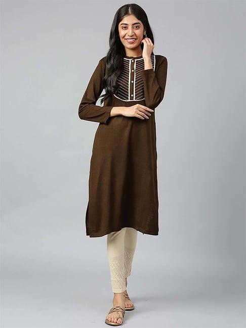 aurelia brown striped straight kurta