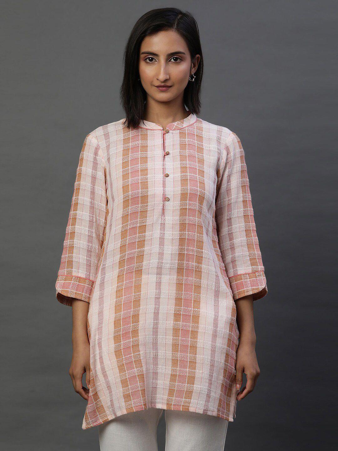 aurelia checked mandarin collar pure cotton kurti