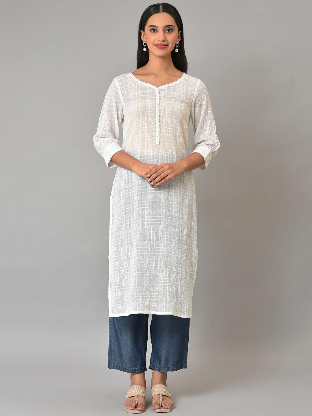 aurelia checked puff sleeves v-neck pure cotton kurta with trousers