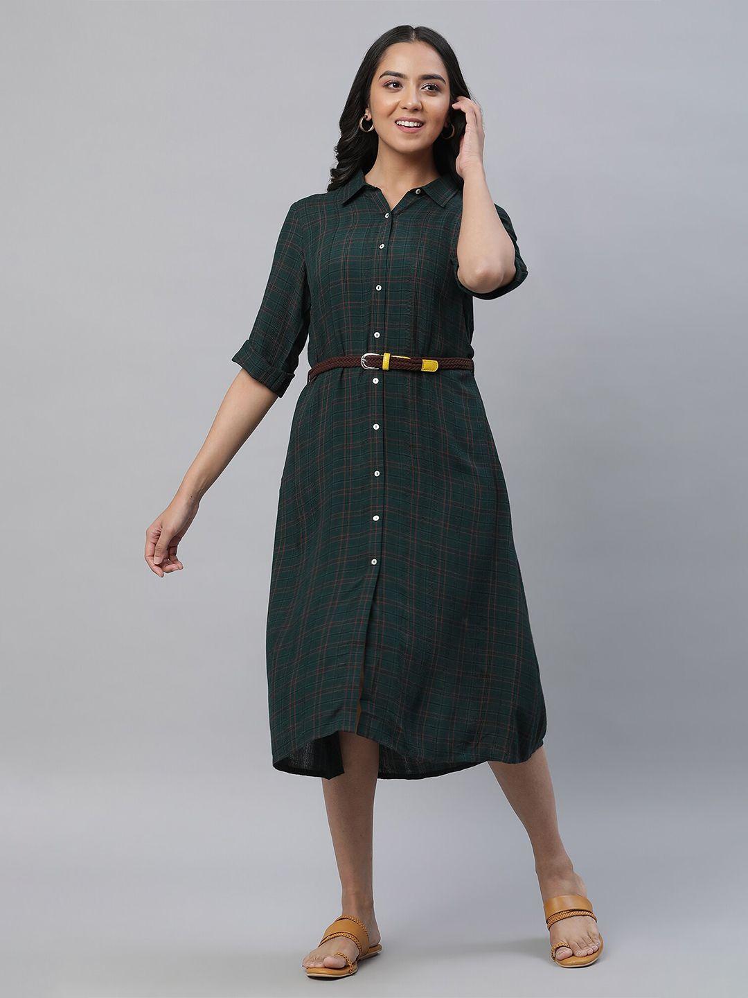 aurelia checked shirt collar roll-up sleeve belted shirt midi dress