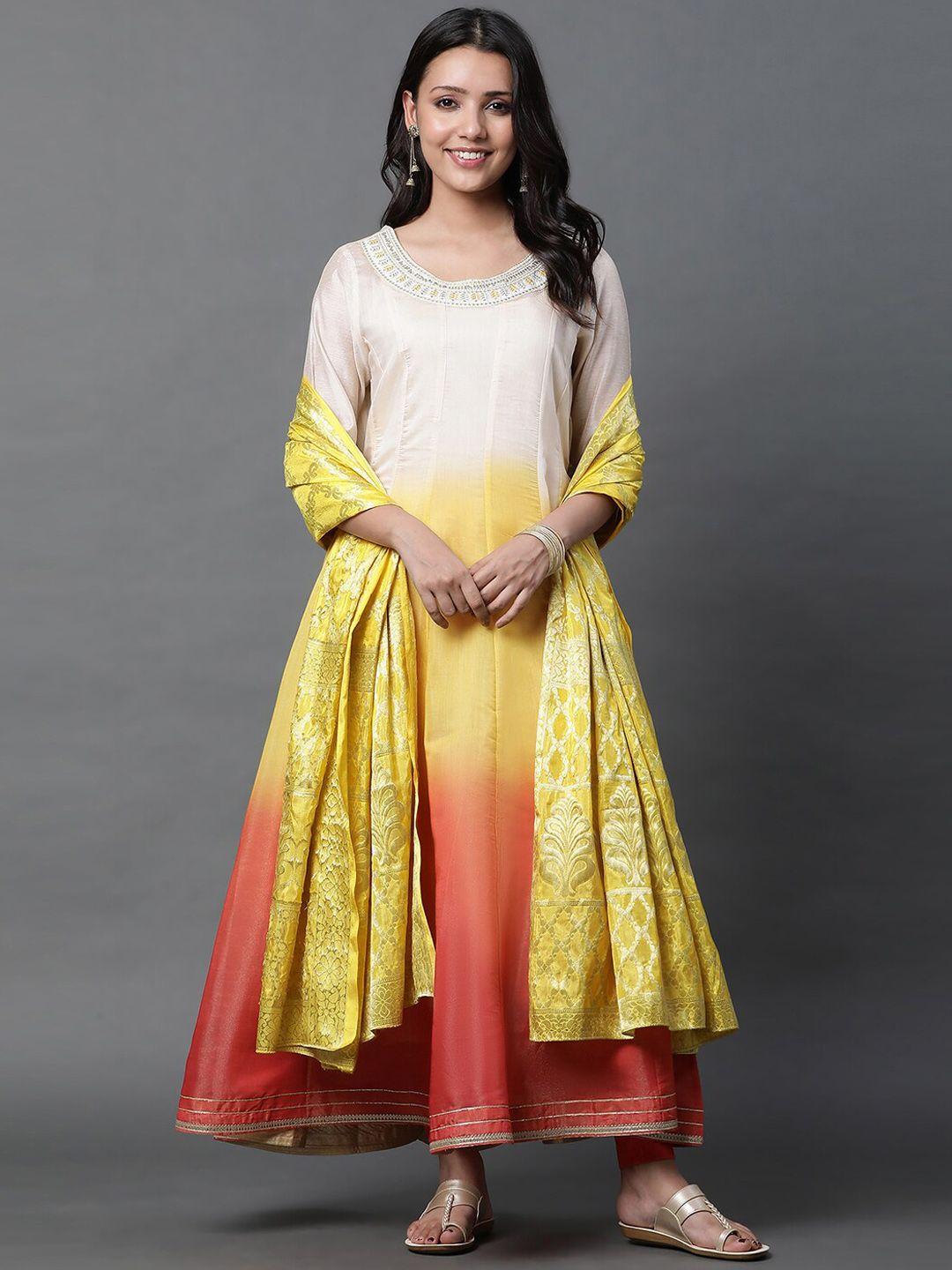 aurelia colourblocked round neck sequined a-line kurta with dupatta