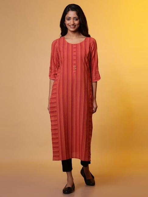 aurelia coral cotton striped straight kurta