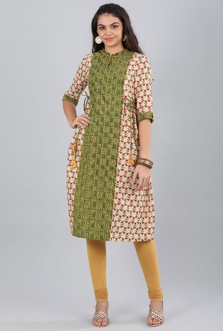 aurelia cream & green band neck printed cotton kurta