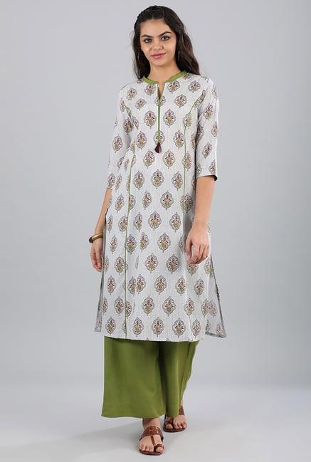 aurelia cream band neck printed cotton kurta