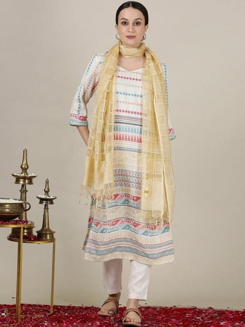 aurelia cream woven pattern kurta pant set with dupatta