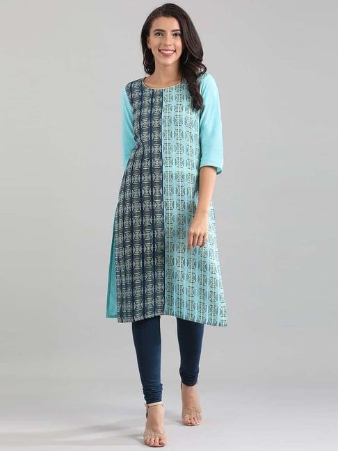 aurelia cyan blue cotton woven pattern straight kurta