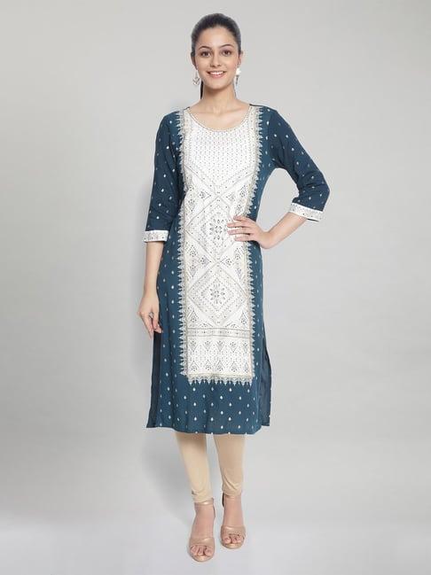 aurelia dark teal printed regular fit kurta