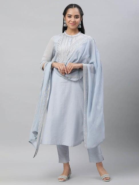 aurelia dusty blue embellished kurta with pant & dupatta