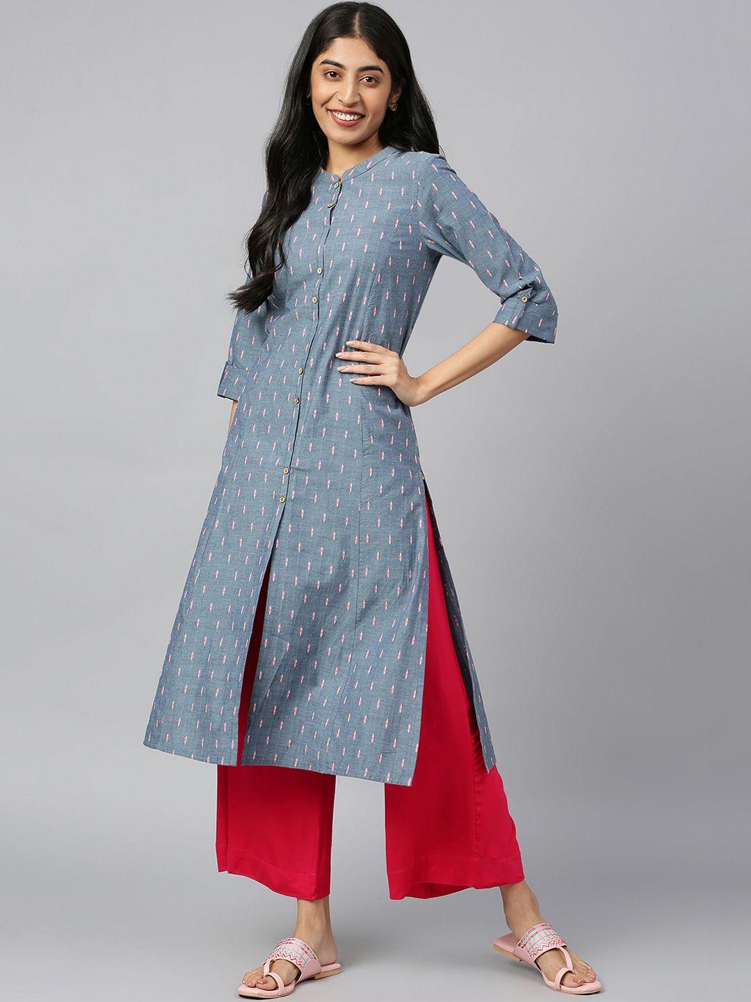 aurelia embroidered cotton roll-up sleeves straight kurta