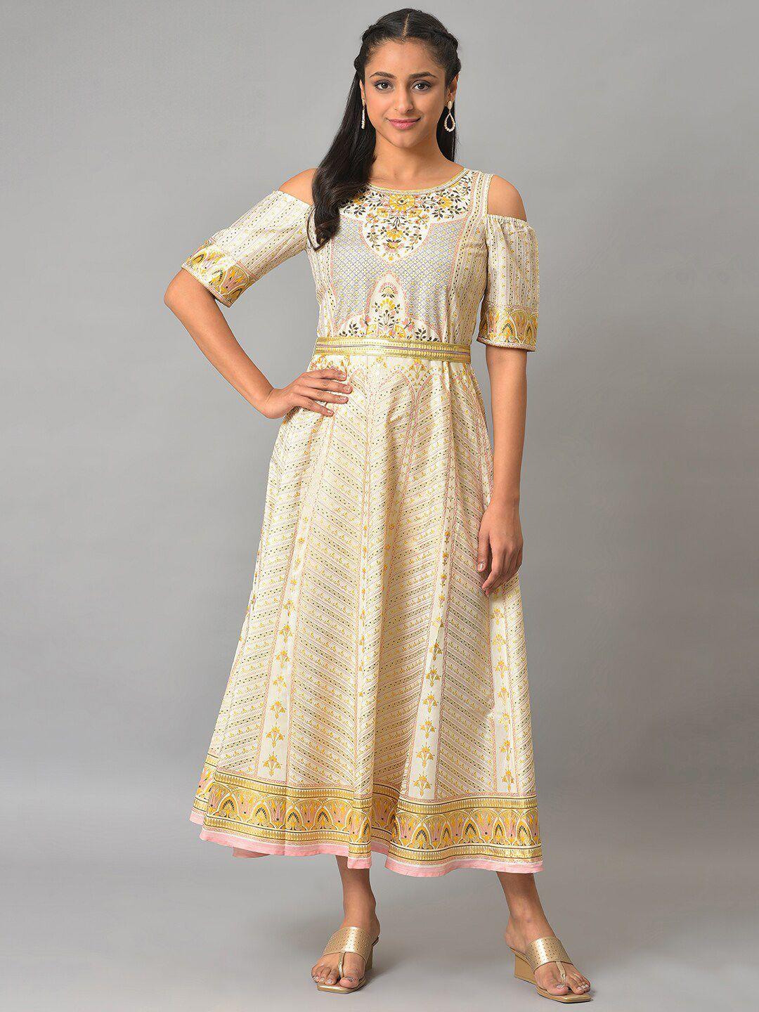 aurelia ethnic motifs printed cold-shoulder sleeves midi fit & flare ethnic dress