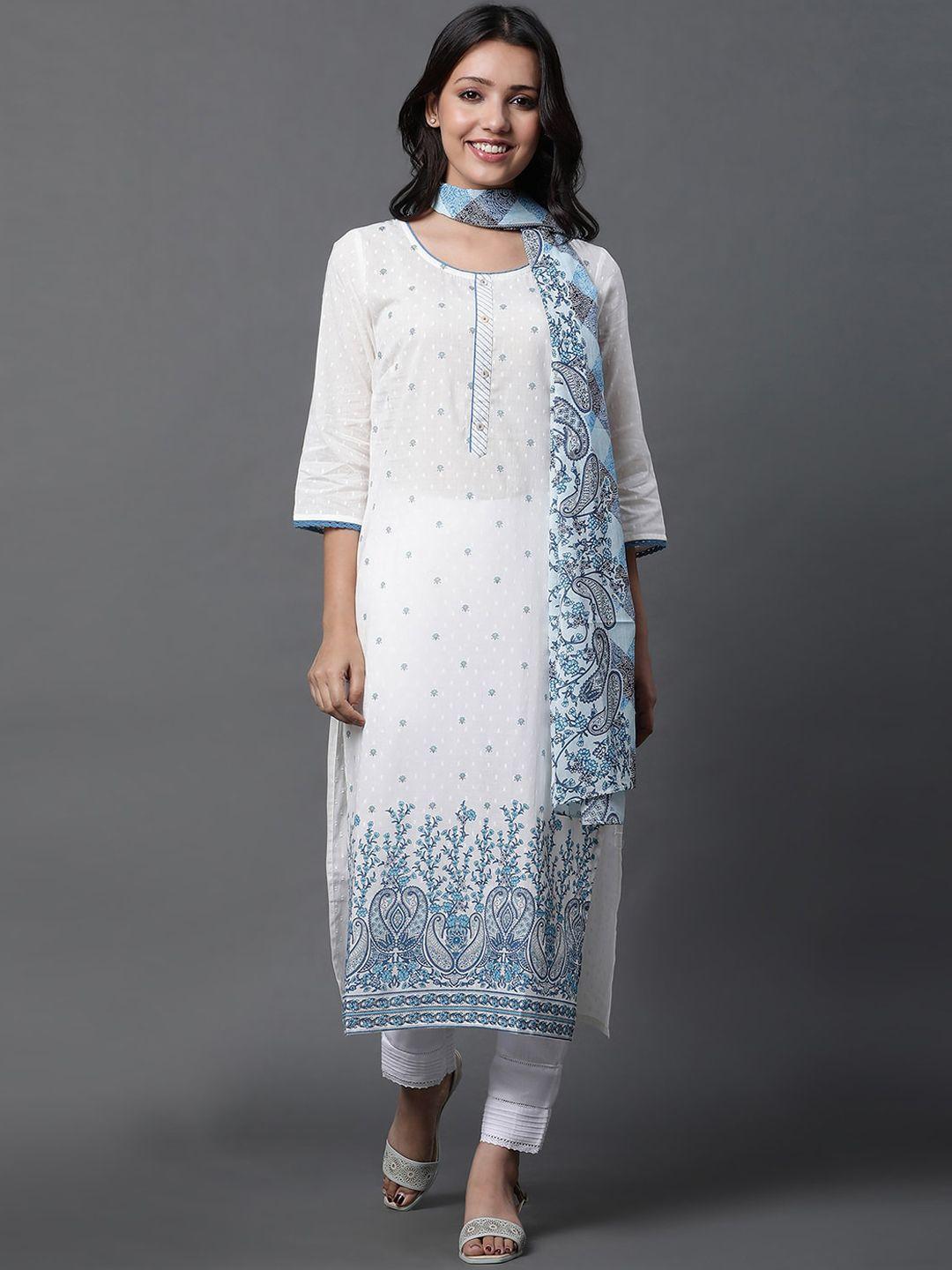 aurelia ethnic motifs printed pure cotton straight kurta with trousers & dupatta