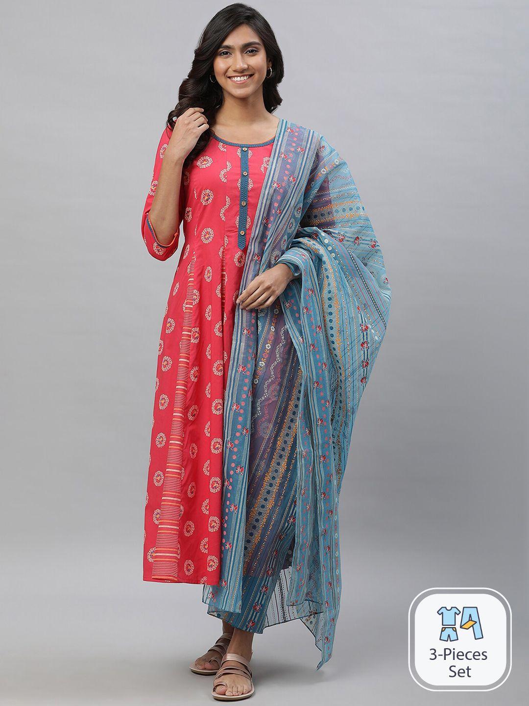 aurelia ethnic motifs printed regular pure cotton kurta with leggings & dupatta