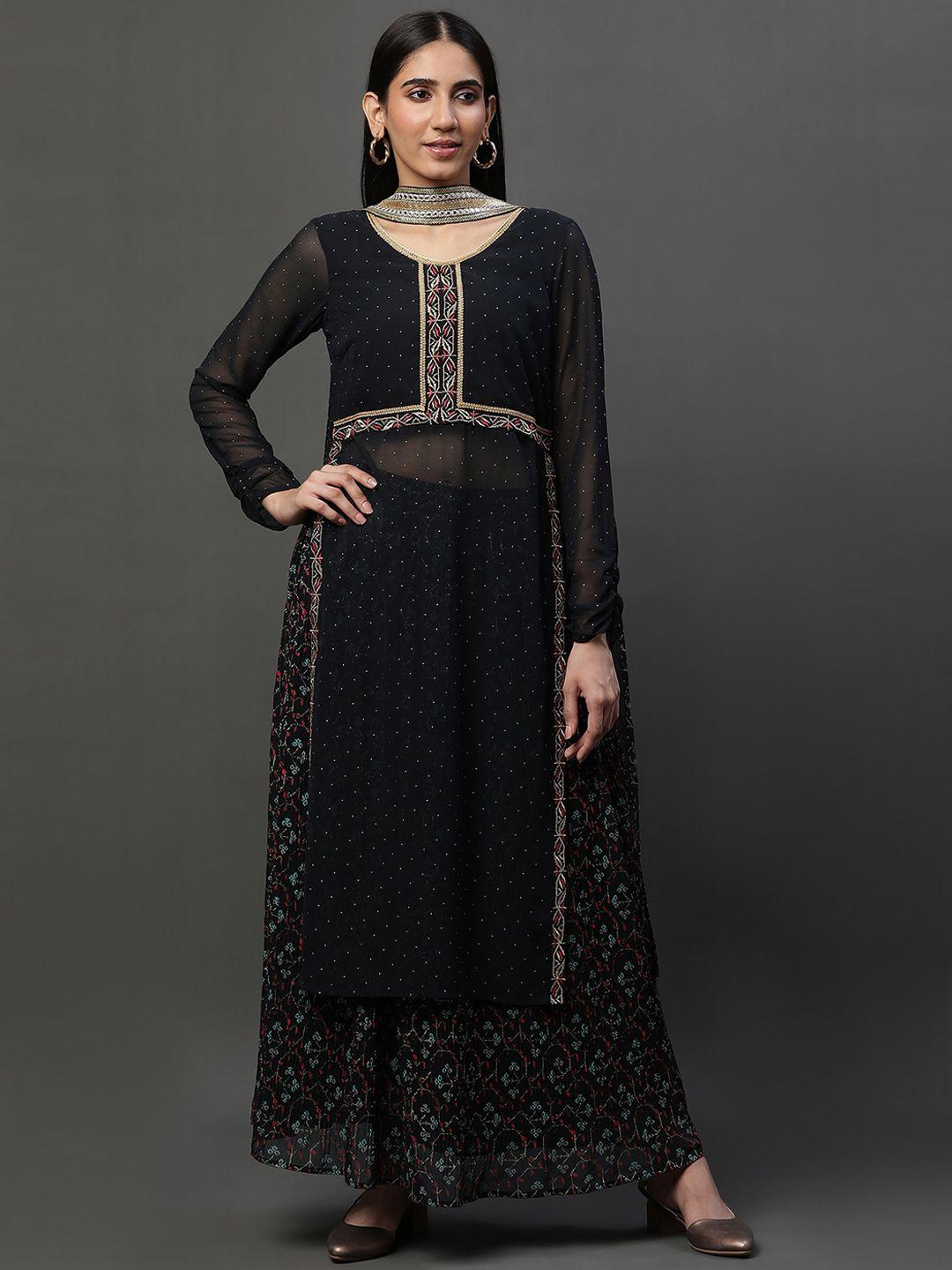 aurelia ethnic motifs printed thread work kurta with skirt & dupatta