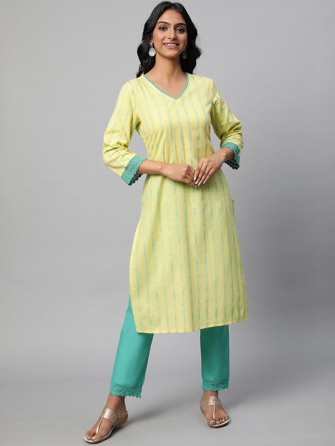 aurelia ethnic motifs woven design thread work pure cotton kurta with trousers