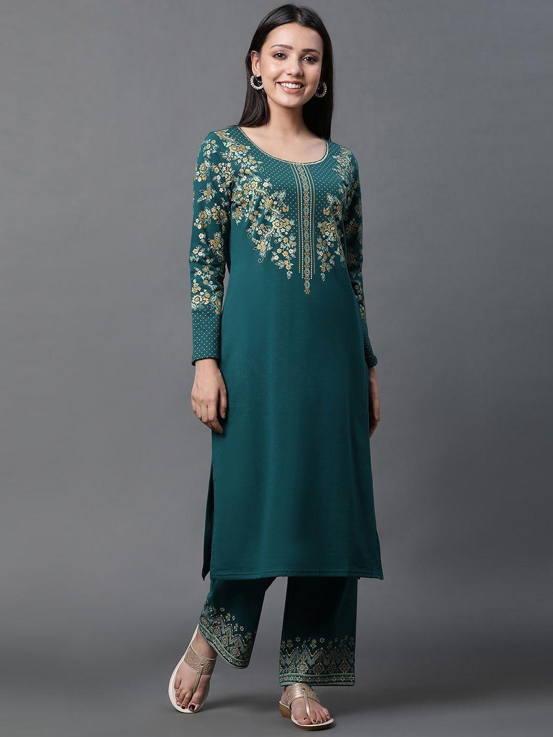 aurelia ethnic motifs yoke design sequined knitted straight kurta with palazzos