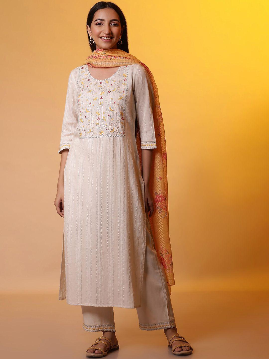 aurelia floral embroidered round neck straight kurta with palazzos & dupatta