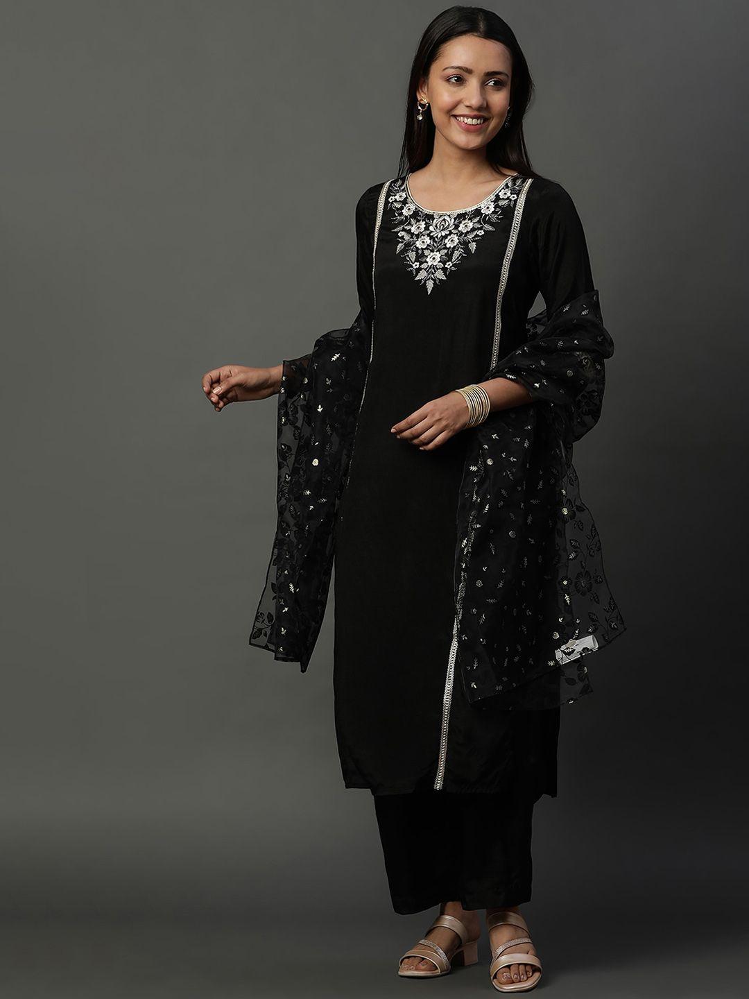 aurelia floral embroidered round neck straight kurta with palazzos & dupatta