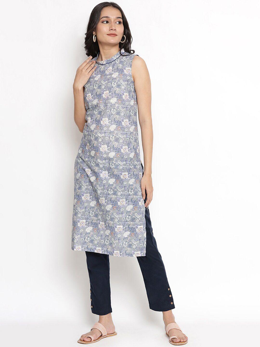 aurelia floral printed band collar pure cotton kurta with trousers