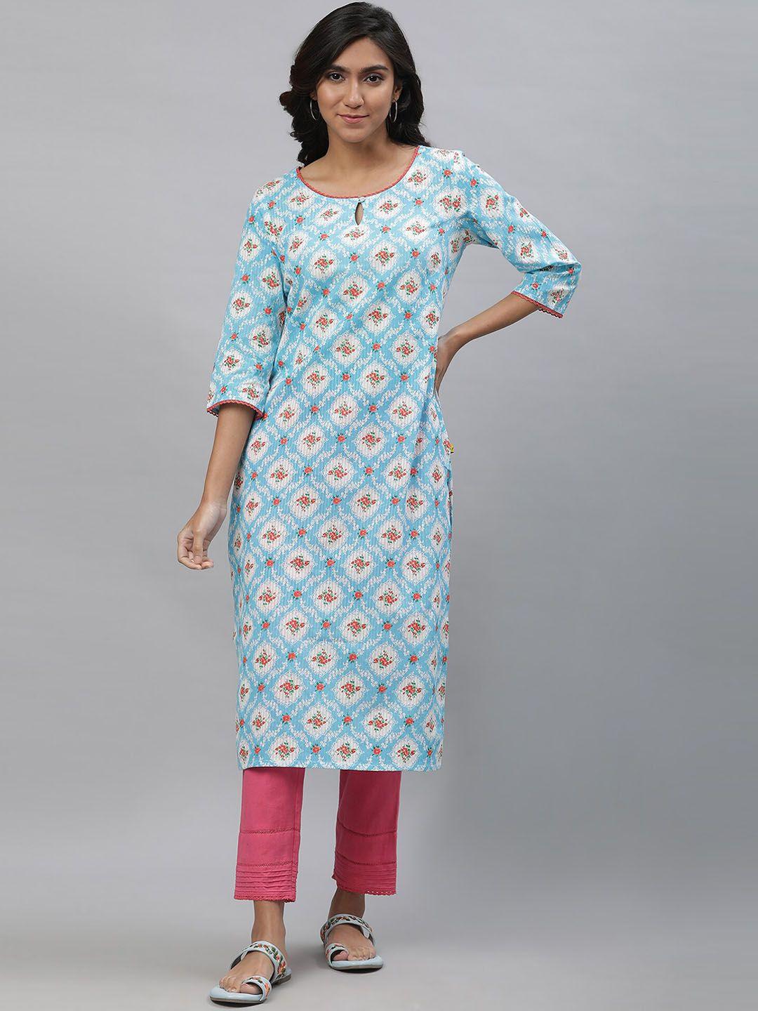 aurelia floral printed keyhole neck lace-insert straight pure cotton  kurta