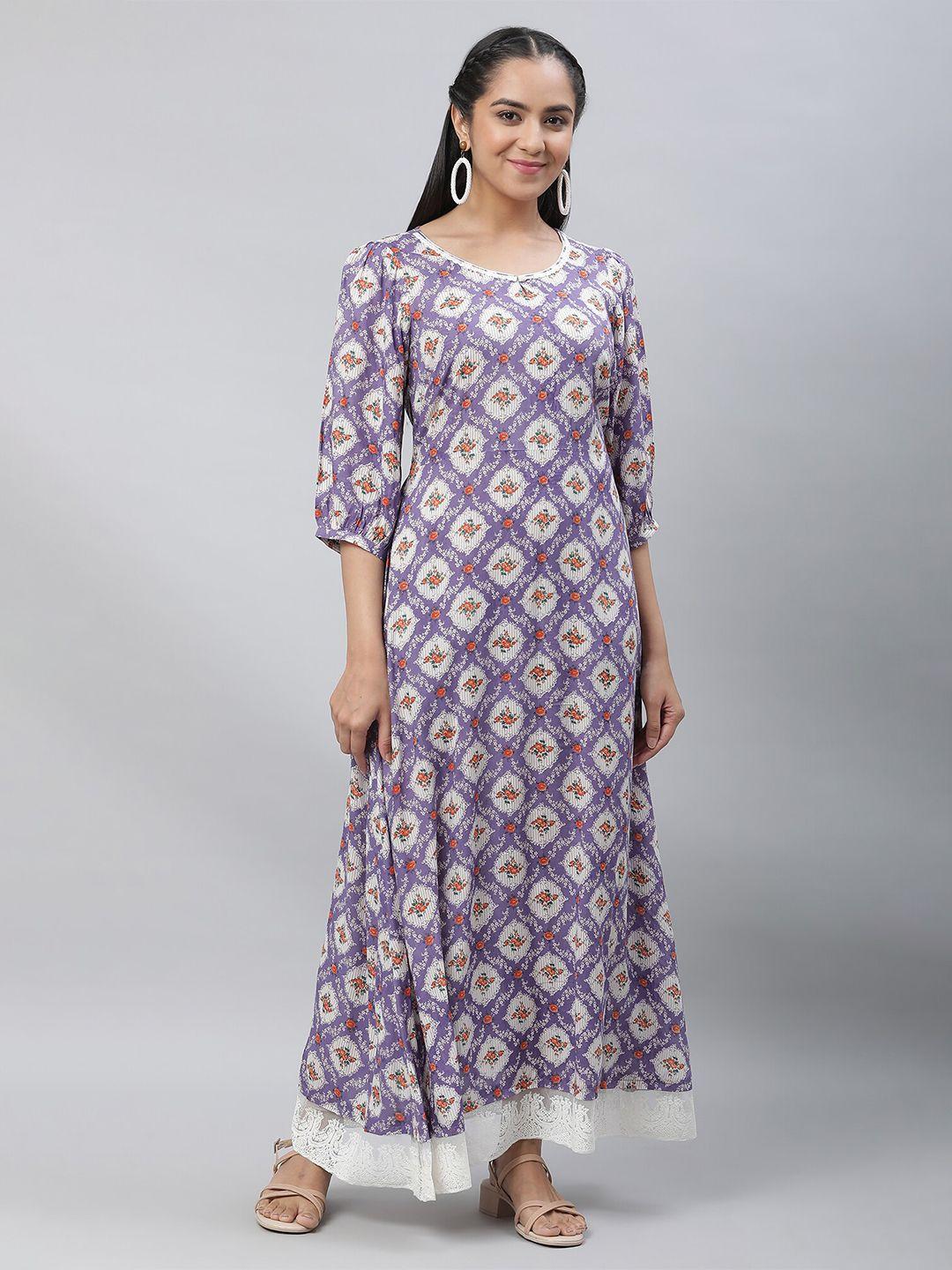 aurelia floral printed keyhole neck puff sleeve lace inserts a-line maxi dress