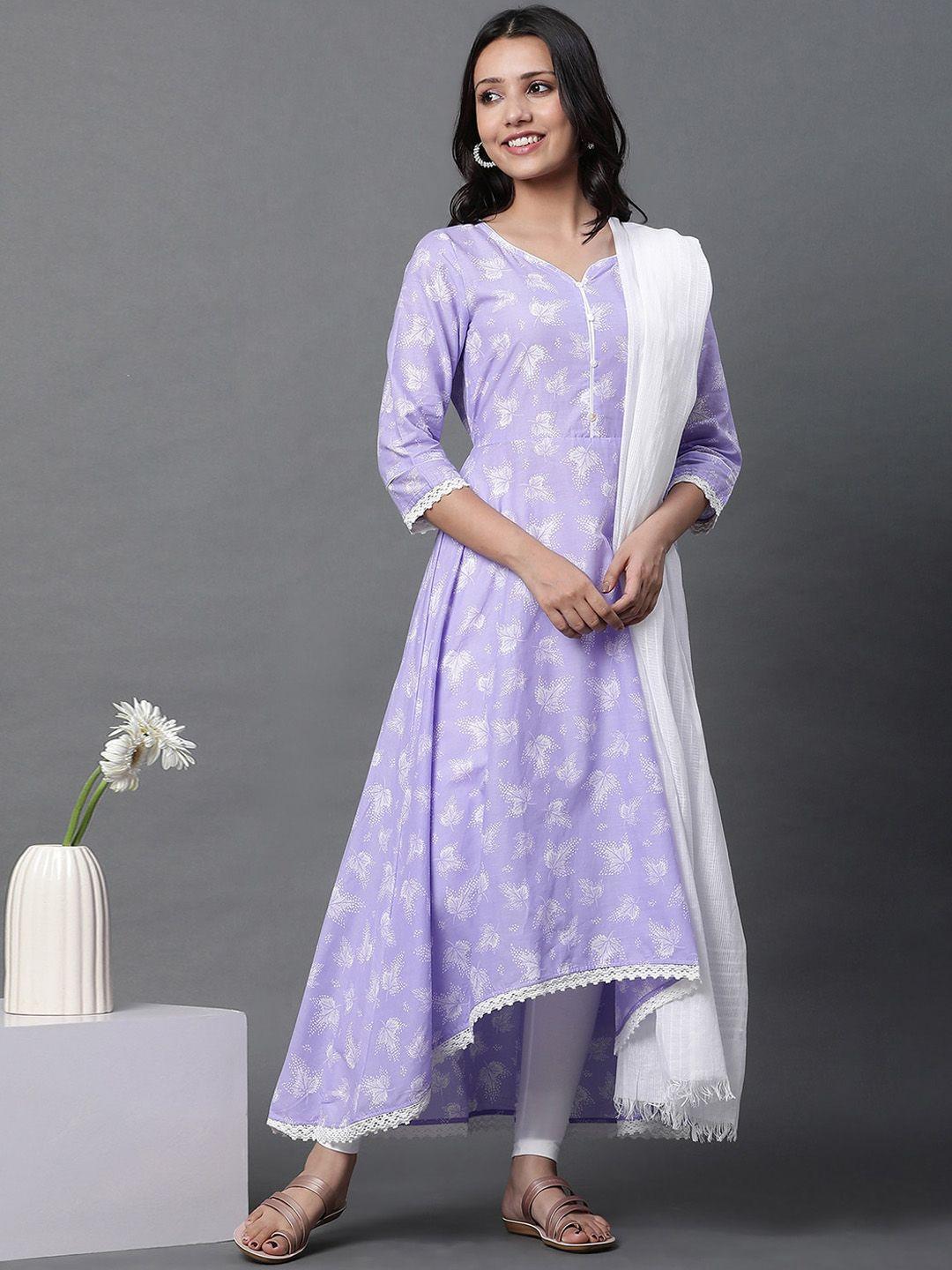 aurelia floral printed lace detail pure cotton a-line kurta with dupatta