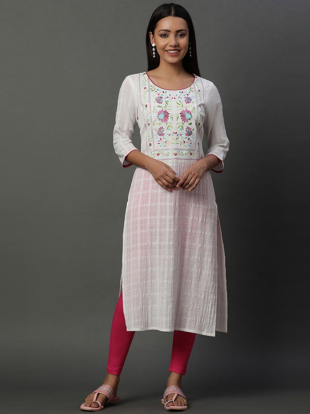 aurelia floral round neck regular sleeves cotton thread work straight kurta