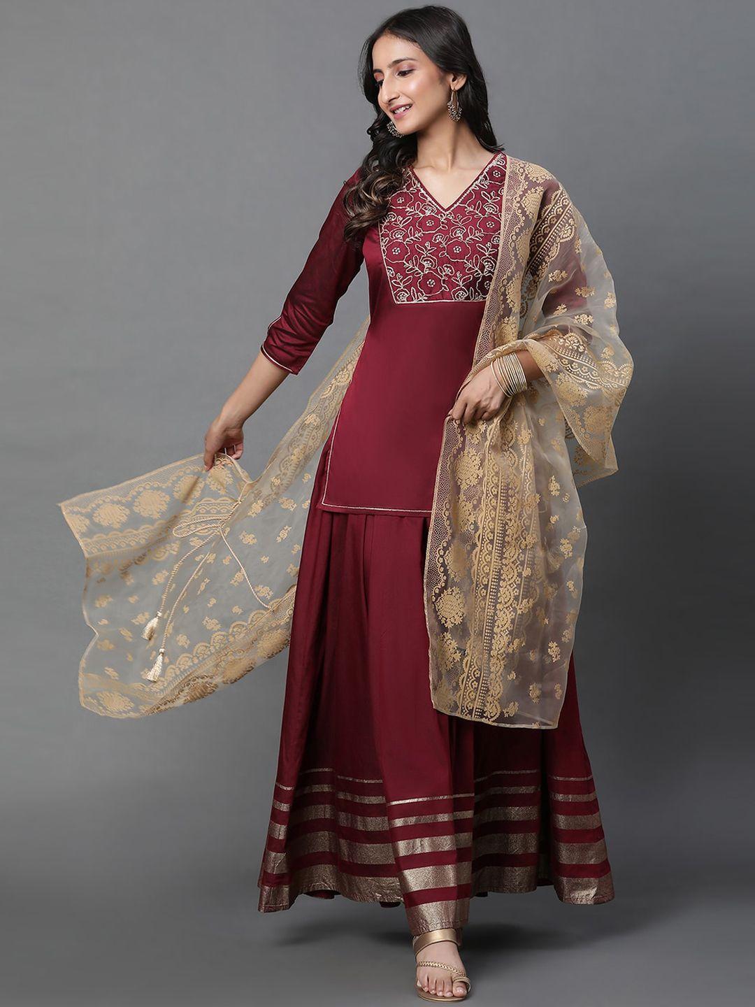 aurelia floral yoke design sequined kurta with skirt & dupatta